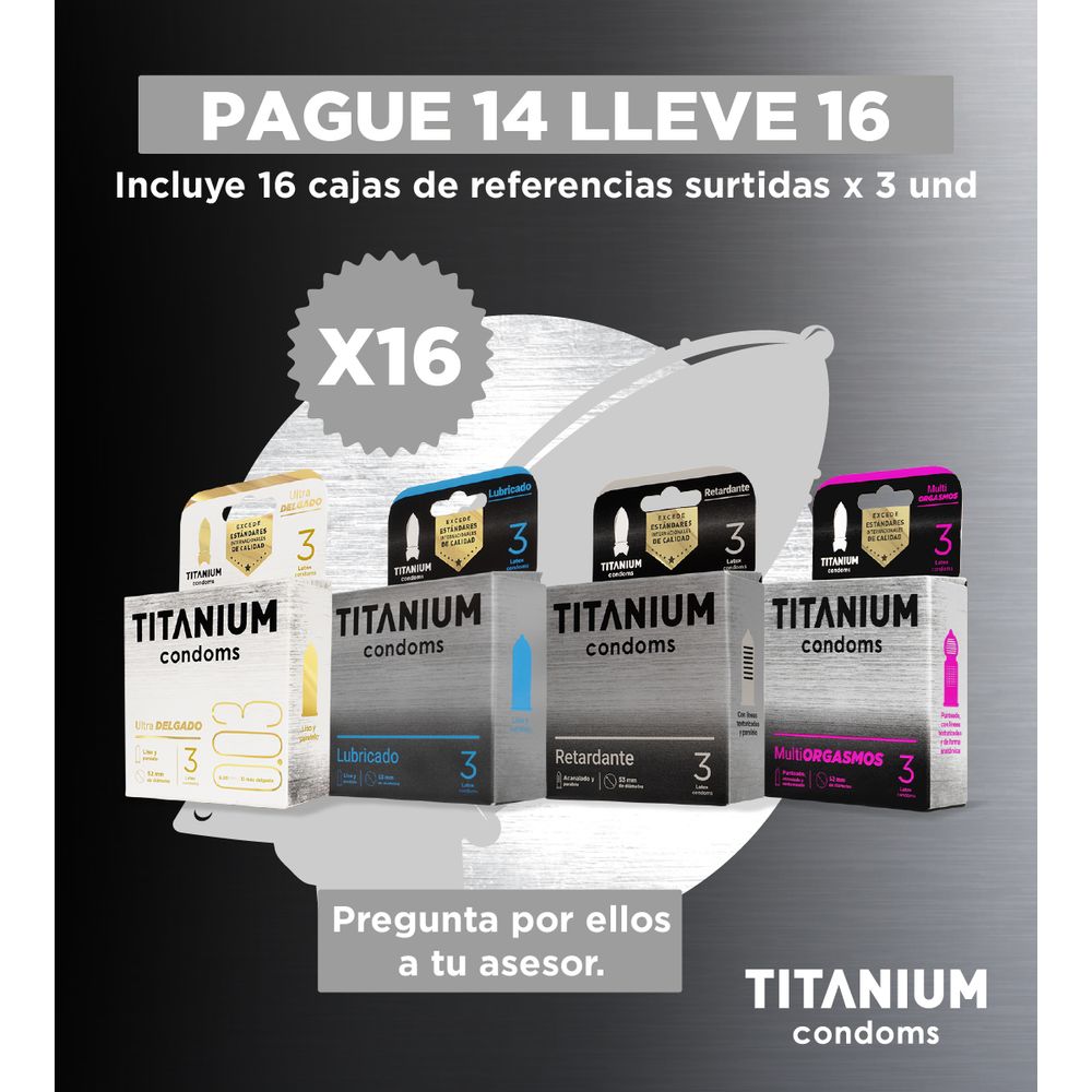 Pague 14 lleve 16 cajas de Condones Titanium